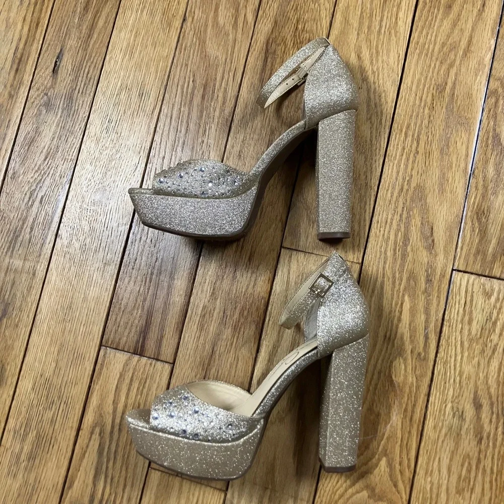 Jessica‎ Simpson Glitter Platform Ankle Strap Heels Gold Sparkle Size 8 38.5